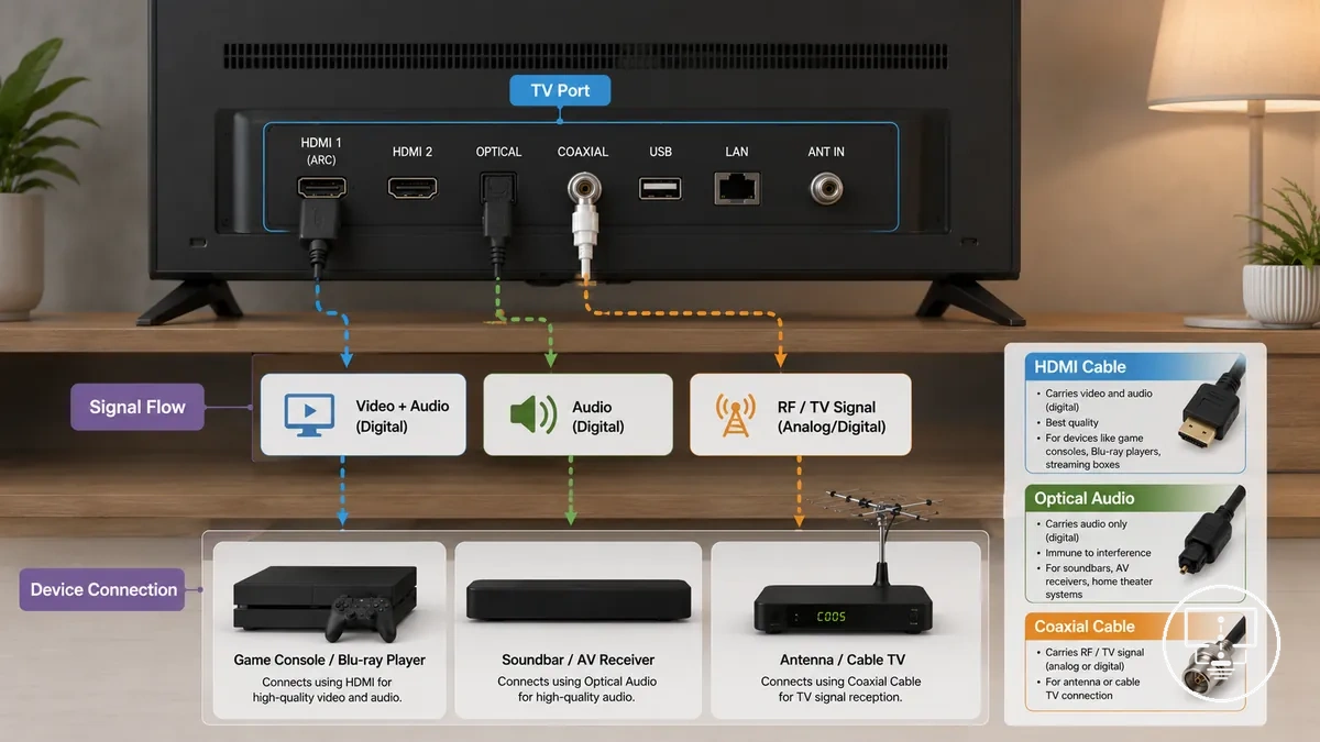 Hauptkabeltypen für TV-Verbindungen mit HDMI-, Koaxial- und optischen Audiokabeln, die an ein Fernsehgerät angeschlossen sind