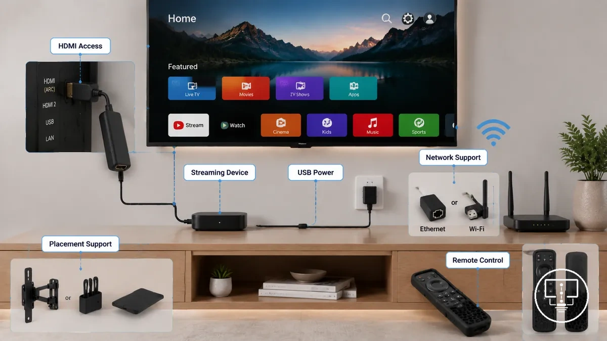 Streaming- und Smart-TV-Einrichtungszubehör mit HDMI-, Strom-, Netzwerk- und Fernbedienungskomponenten