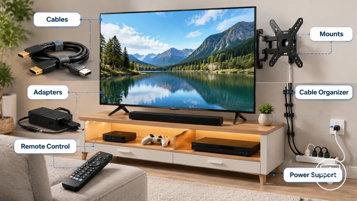 Beschriftete Beispiele für TV-Einrichtungszubehör um einen Fernseher herum