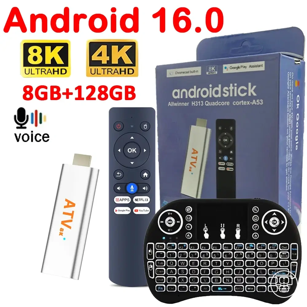 Android smart TV stick with voice remote and dual WiFi support