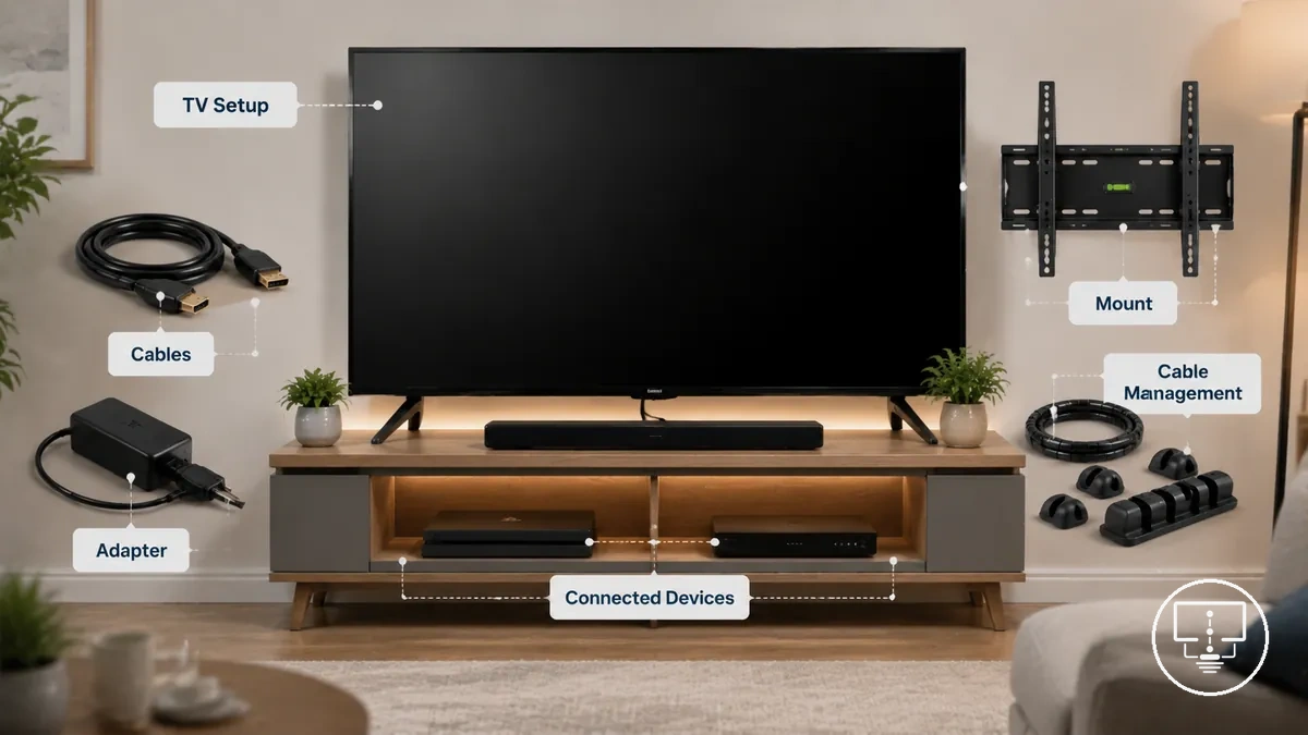 TV setup accessories used around a television with cables, mounting support, and cable organization