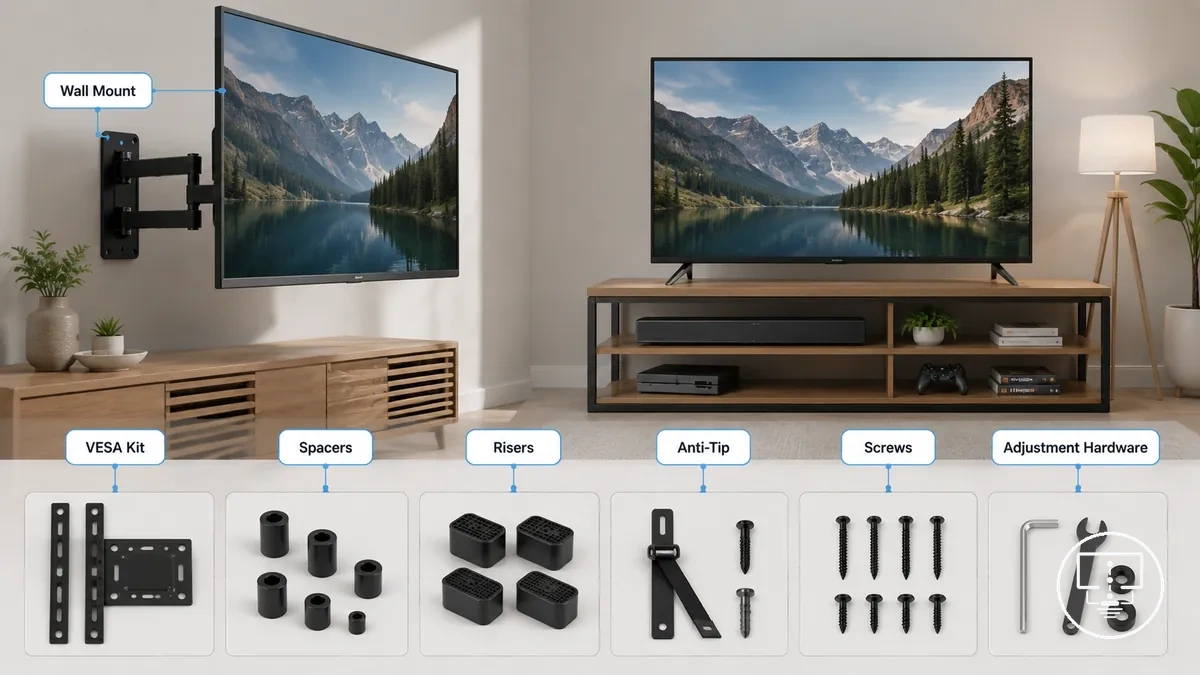 TV mounting and placement accessories overview showing included hardware types
