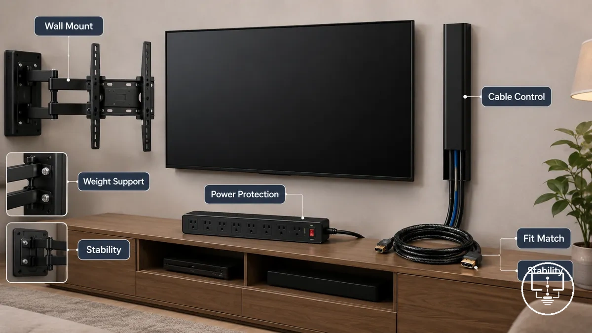 Accesorios de mayor coste para montaje, protección eléctrica y control de cables que incluyen hardware de soporte de pared, protector contra sobretensiones, sistema de gestión de cables y accesorios de conexión