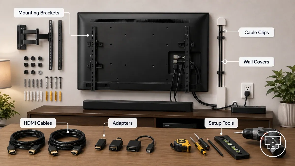 Accesorios para configurar la TV instalándose con piezas de montaje, cables y herramientas de configuración