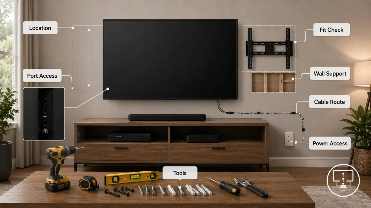 Comprobaciones previas a la instalación de accesorios para configurar la TV que incluyen herramientas, cables y condiciones de montaje