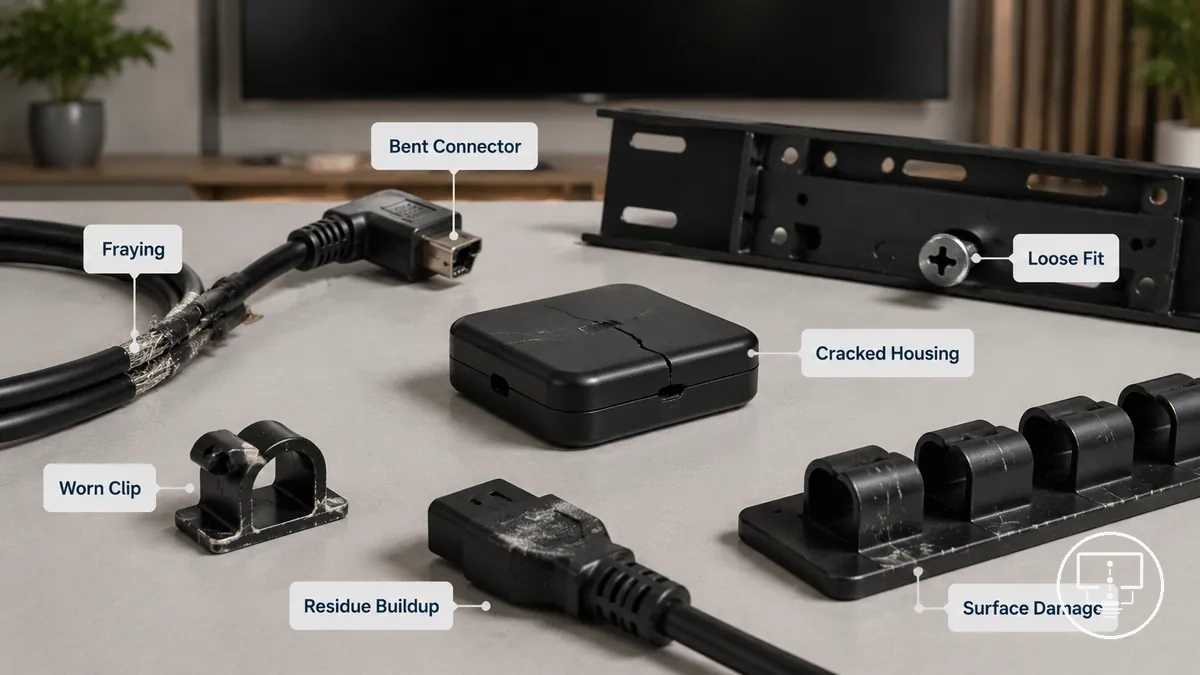 Desgaste visible y daños superficiales en accesorios para configurar la TV