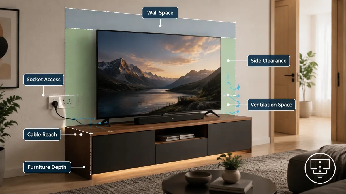 espacio en la pared, profundidad de los muebles y espacio libre de acceso alrededor de una configuración de TV en habitación pequeña