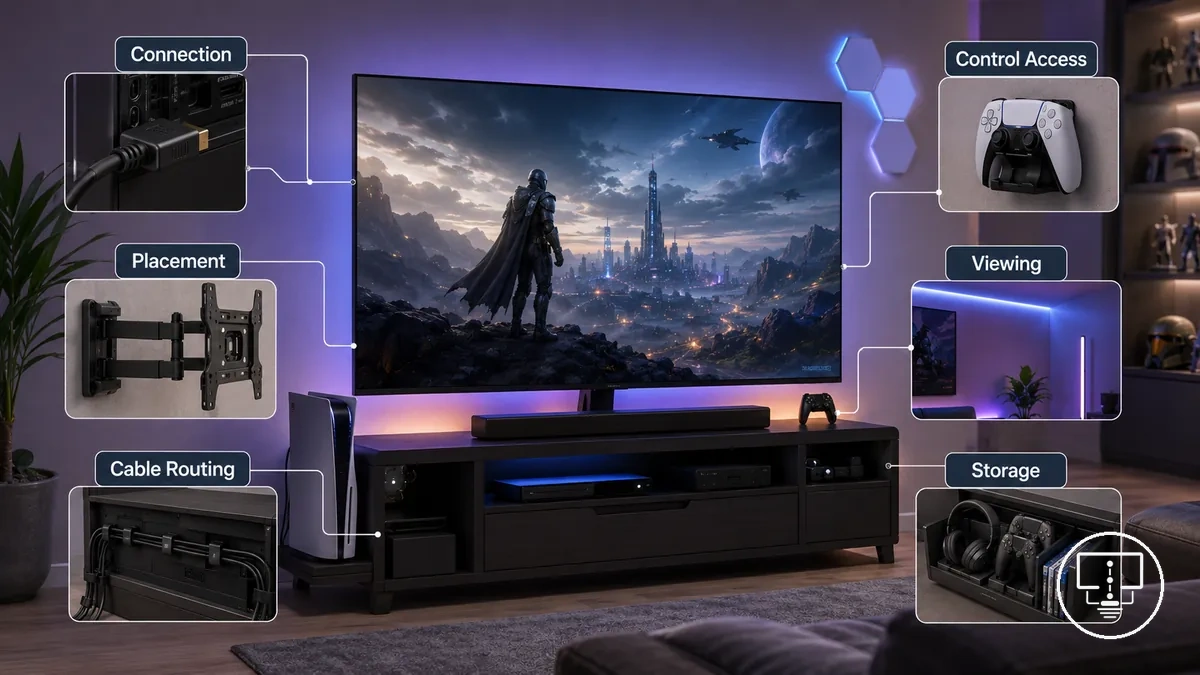 Accesorios para jugar en TV que respaldan necesidades de conexión, organización y visualización