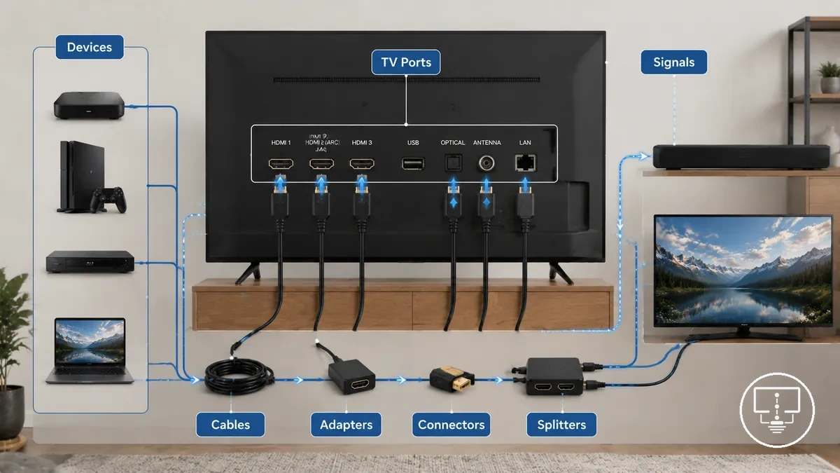 Accessoires de connexion TV montrant des câbles, ports, adaptateurs et périphériques externes dans une installation