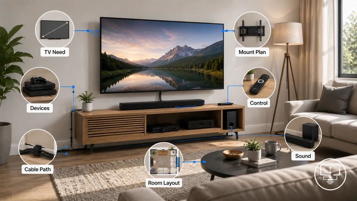 Besoins en accessoires pour installer une TV adaptés à l’agencement de la pièce, aux appareils et aux besoins de cheminement des câbles