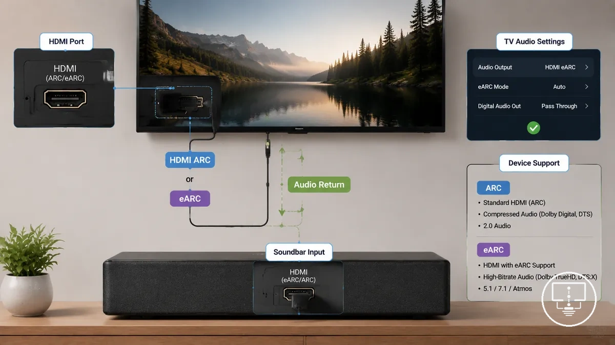 Câbles HDMI ARC et eARC connectés entre un téléviseur et une barre de son montrant le chemin de retour audio