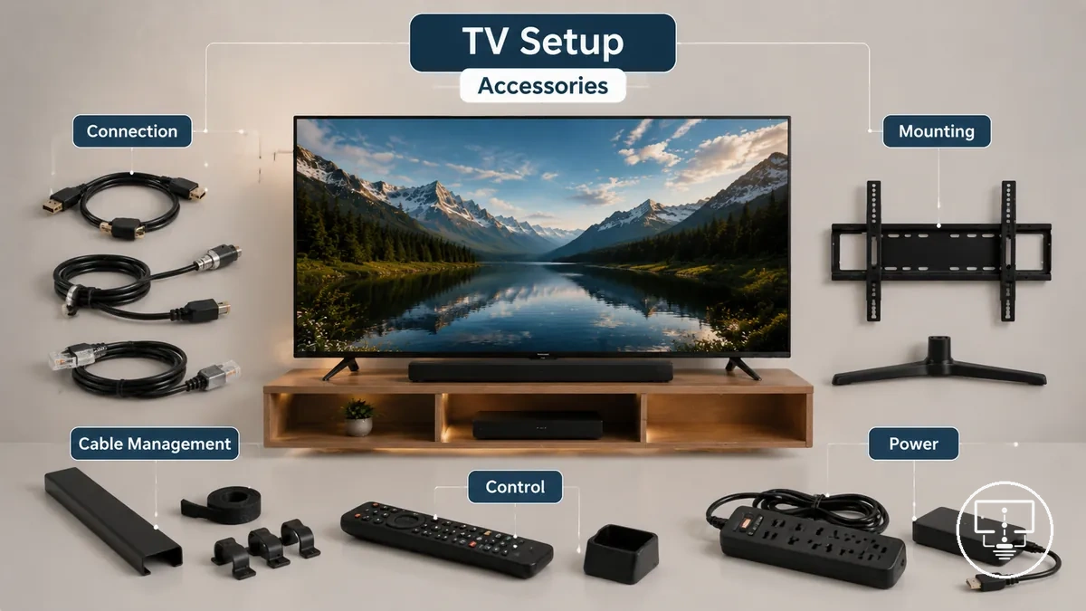 Accessoires pour installer une TV montrés autour d’un téléviseur avec câbles, support de montage, gestion des câbles et articles de contrôle