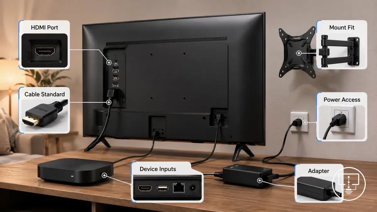 Exigences de compatibilité et de connexion pour les accessoires d’installation TV, incluant les ports, l’ajustement du support, l’accès à l’alimentation et les connexions des appareils