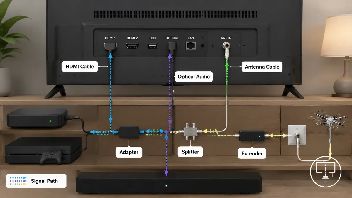 Composants des câbles TV et accessoires de connexion montrant des câbles et des ports TV avec des pièces de connexion étiquetées
