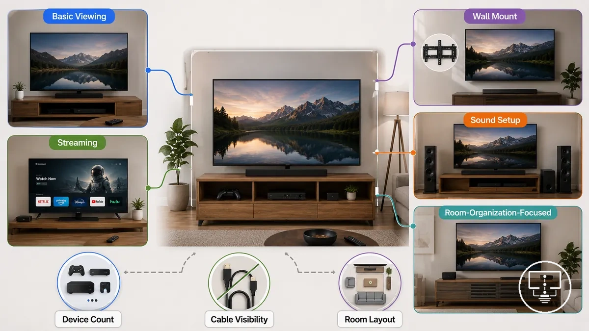 Diagramme des besoins en accessoires TV selon les cas d’usage : visualisation de base, montage mural, streaming, son, jeu et organisation de la pièce