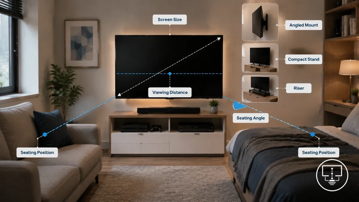 schéma de la distance de visionnement, de la taille d écran et de la position assise pour une installation TV dans une petite pièce