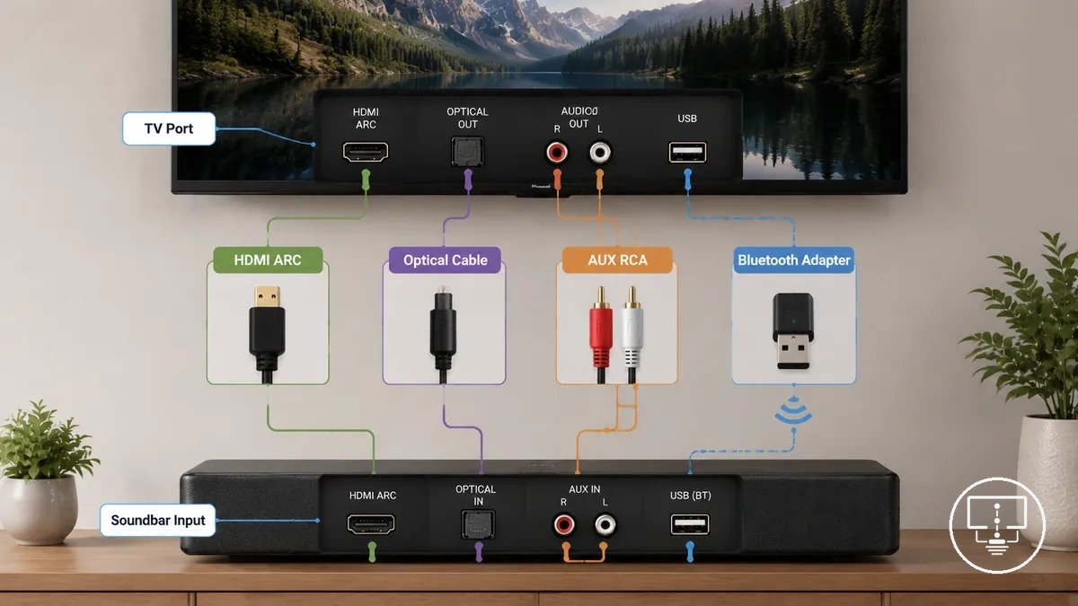 Types de câbles et adaptateurs audio TV connectés entre un téléviseur et une barre de son
