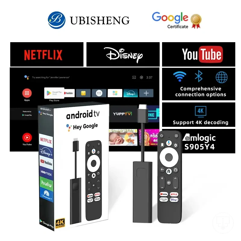 Stick Android TV 4K com WiFi e suporte a áudio Dolby