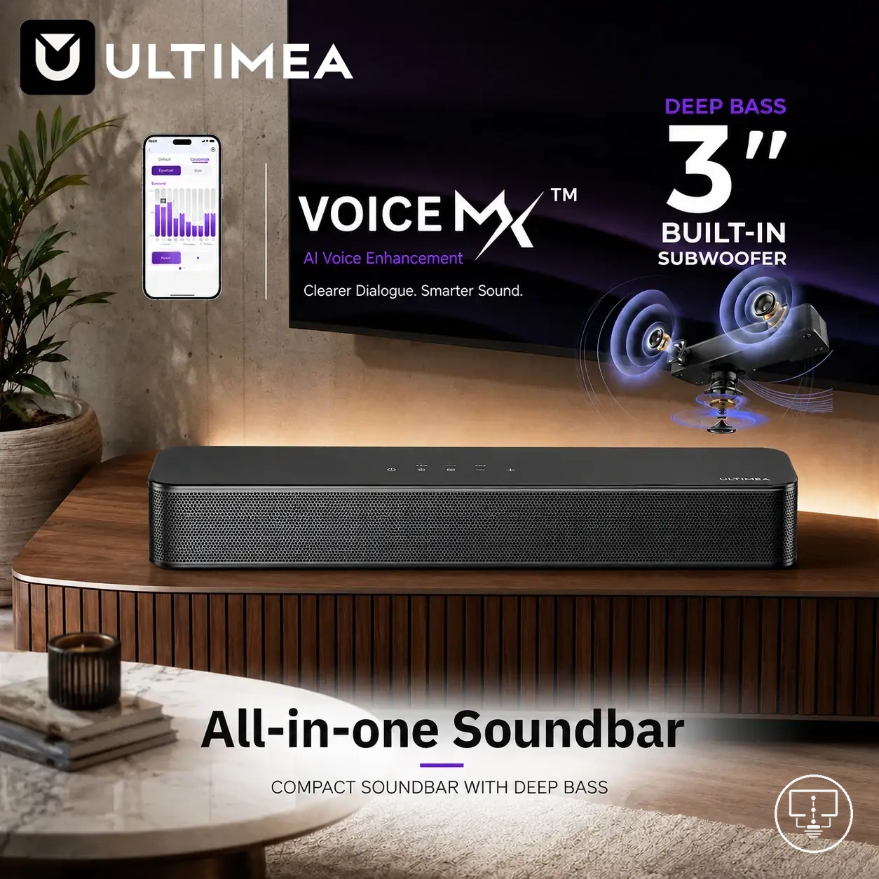 Soundbar compacta para TV com subwoofer integrado e suporte de parede