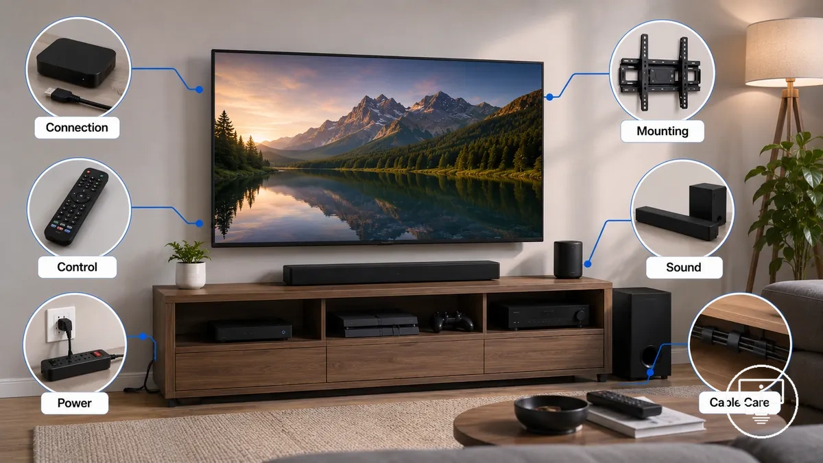 Grupos funcionais de acessórios para configurar TV para conexão, montagem, controle, som, suporte de energia e organização de cabos