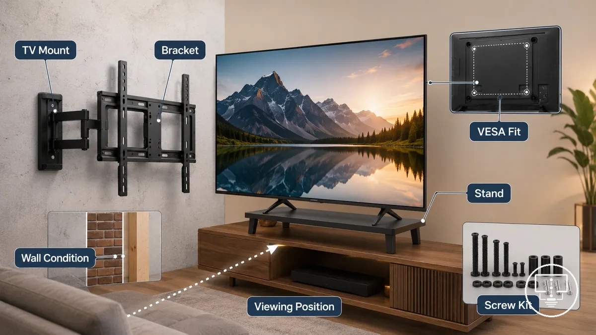 Acessórios de montagem, posicionamento e suporte para TV com suportes, espaçadores e hardware de fixação