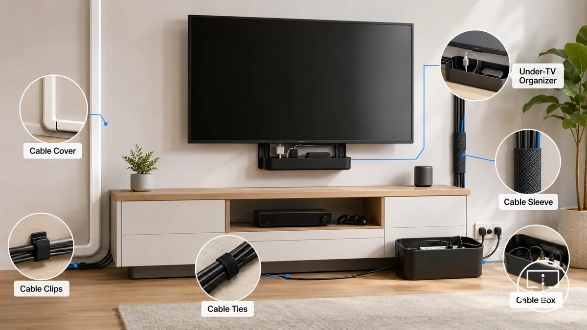 Tipos de acessórios para organização de cabos usados em configurações de TV