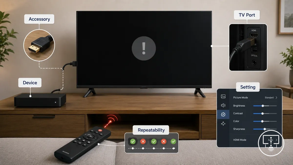 Comparação entre falhas de acessórios e causas relacionadas à TV, dispositivo e configuração