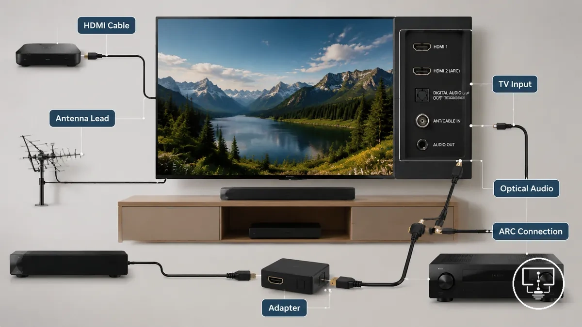 Acessórios de conexão HDMI, antena e áudio para configuração de TV