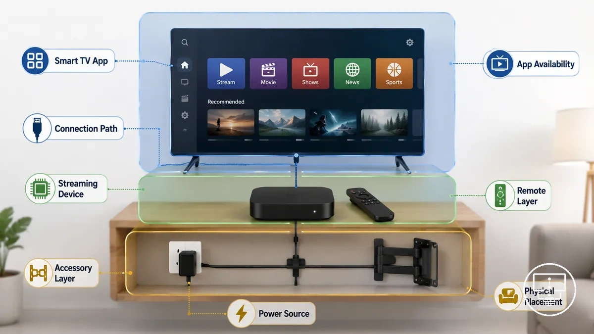 Akış cihazı, Smart TV uygulaması ve aksesuar kapsam farklarını gösteren diyagram