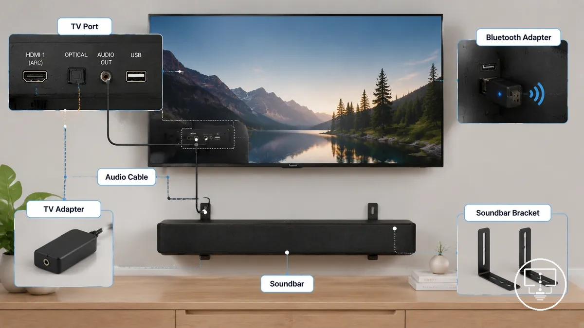 TV ses kurulum aksesuarları; ses kablosu, adaptör, soundbar braketi ve Bluetooth adaptörü dahil